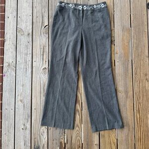 y2k low rise flare gray trousers with embroidered flower waistband